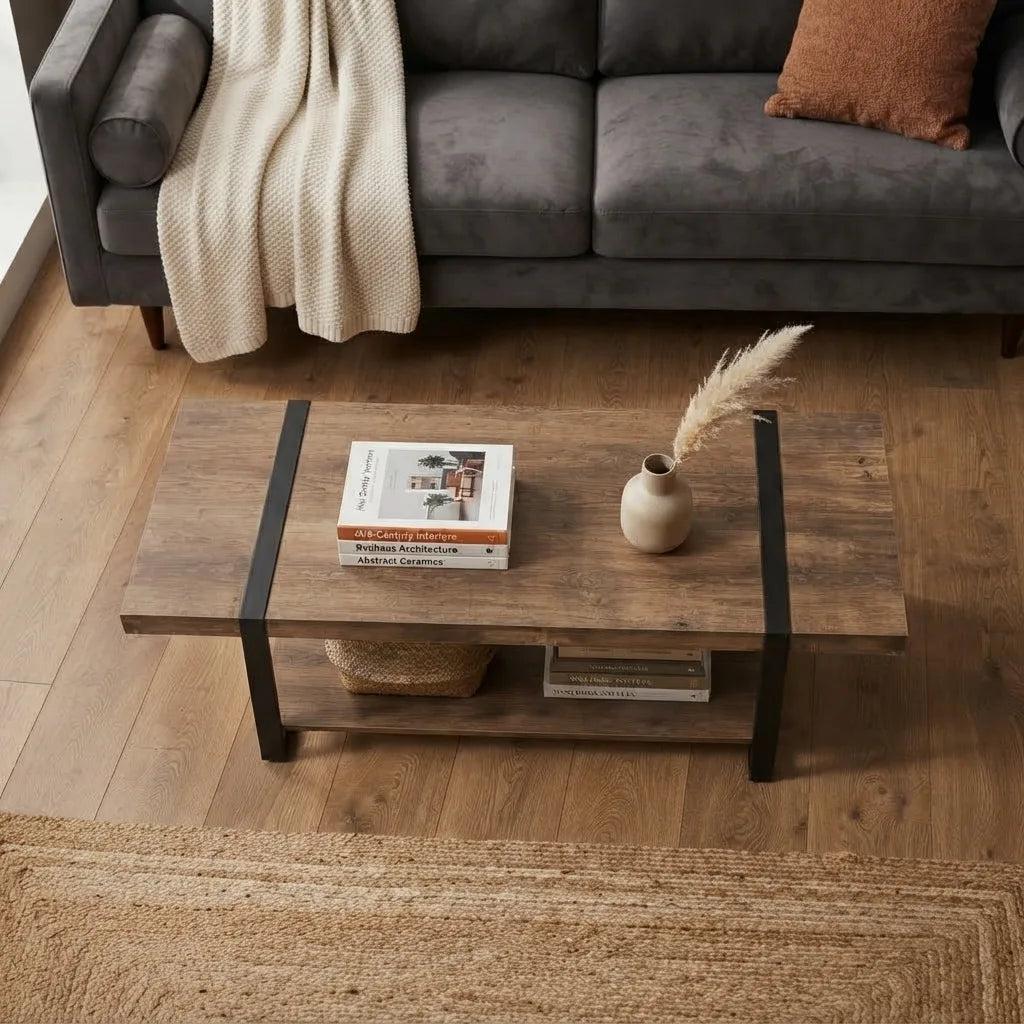 Industrial farmhouse coffee table with brown reclaimed wood finish, black metal legs, and a two-tier shelf for living room storage.