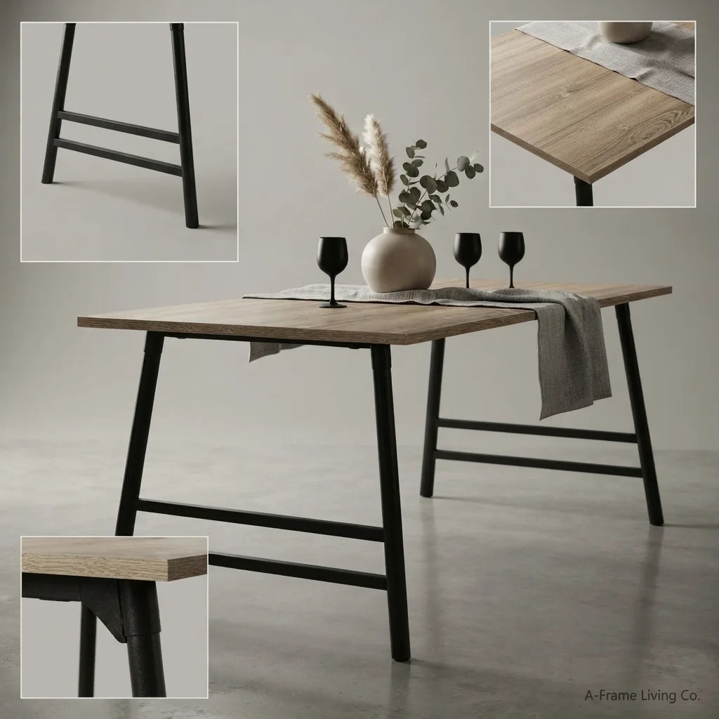 laminate coffee table with four angled silver metal legs for a stylish mid-century modern living room