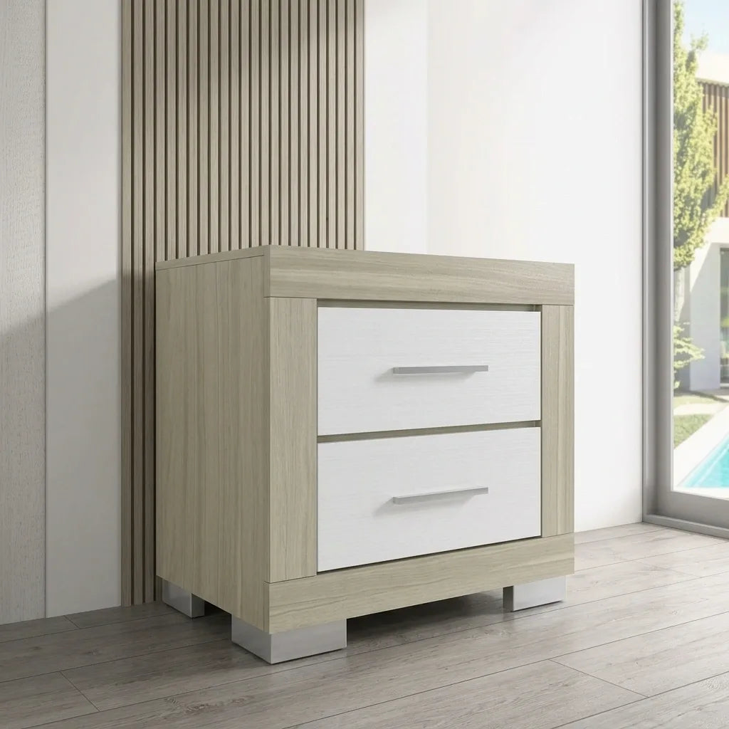 Light oak 2-drawer bedside nightstand featuring white drawer fronts, sleek metal handles, and silver base legs in a modern interior setting