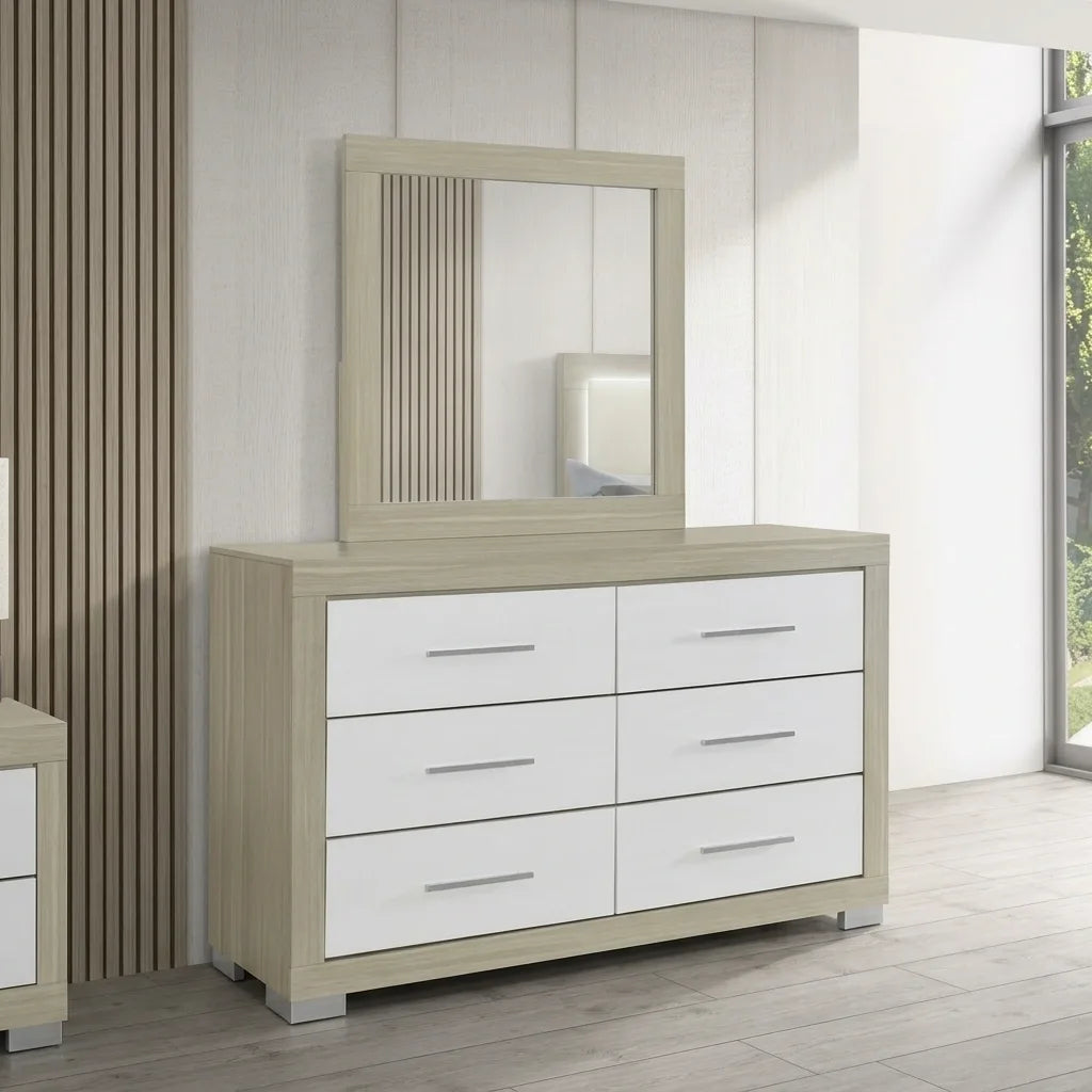 Modern light oak 6-drawer dresser with white drawer fronts, silver horizontal pulls, chrome legs, and a matching rectangular wall mirror.