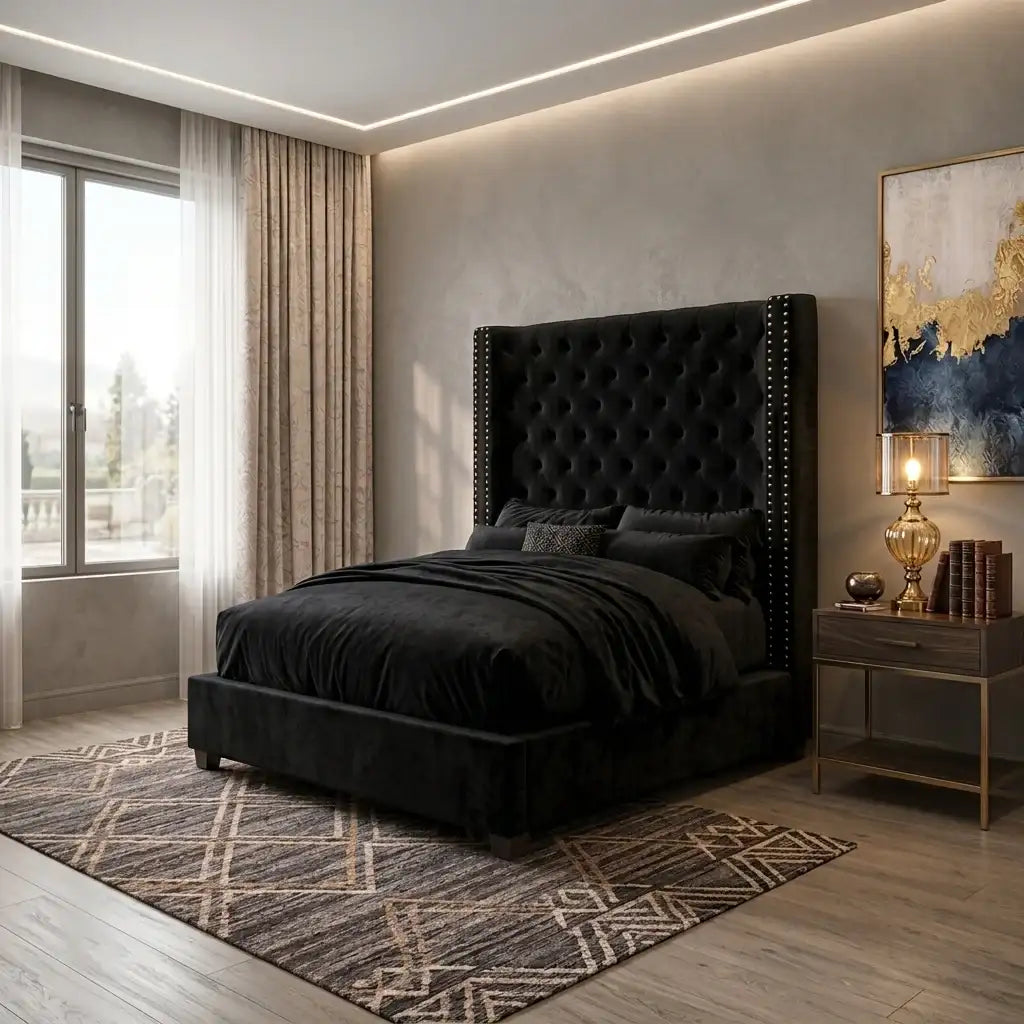 Black velvet upholstered bed with high tufted headboard styled in a luxury master bedroom setting