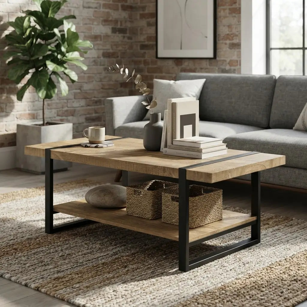 A rectangular coffee table with a light oak wood top and shelf, supported by a black metal frame, styled in a modern living room next to a gray sofa.