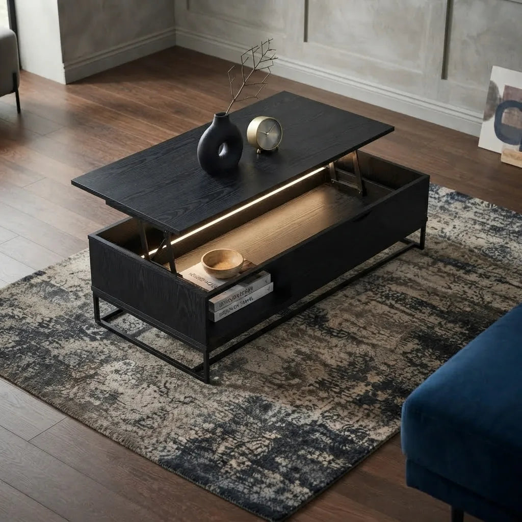 Modern black lift-top coffee table with an open storage niche for magazines, remotes, and games, combining functional storage with a sleek contemporary design.