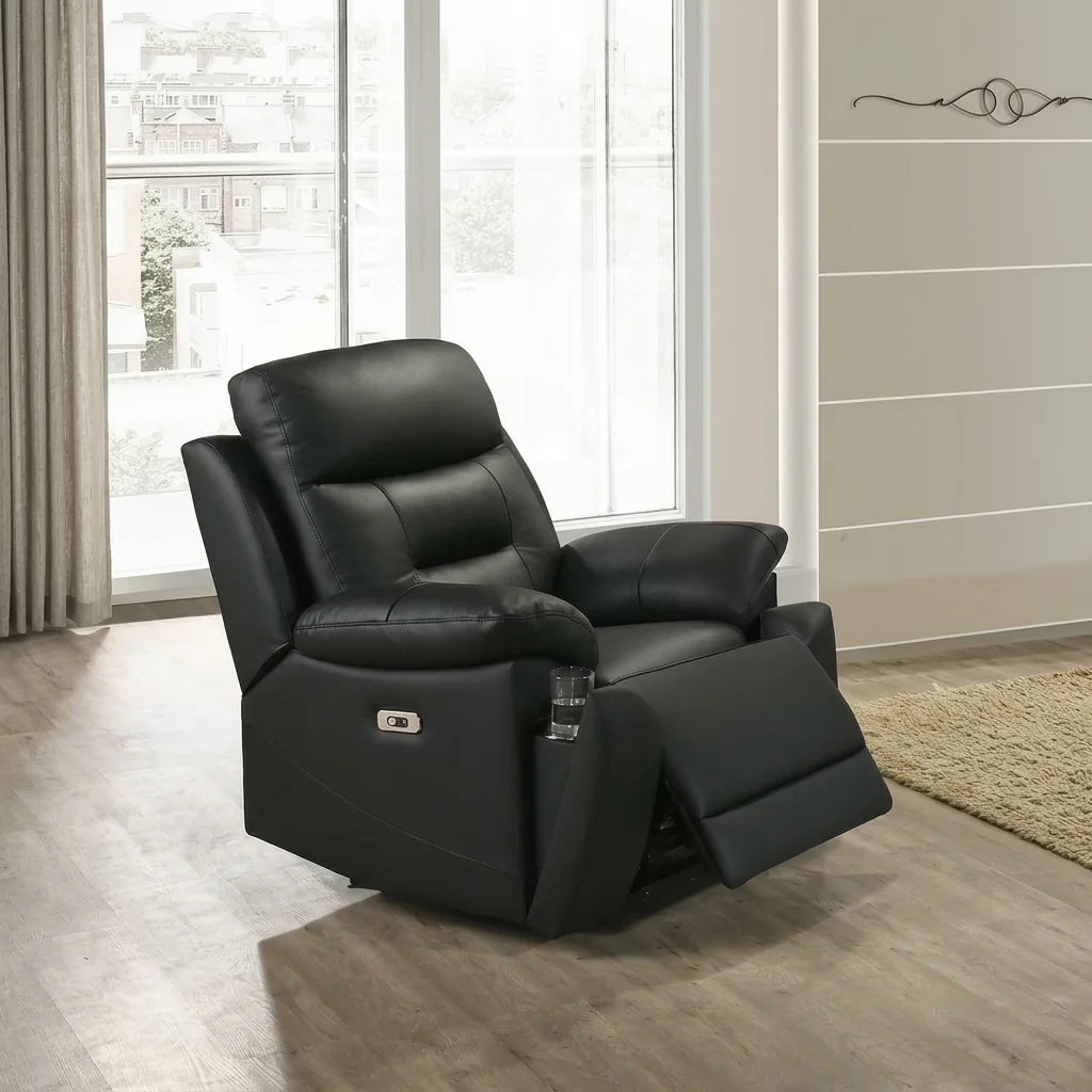 A modern style black leather power recliner with a console cup holder is pictured on a wood floor.