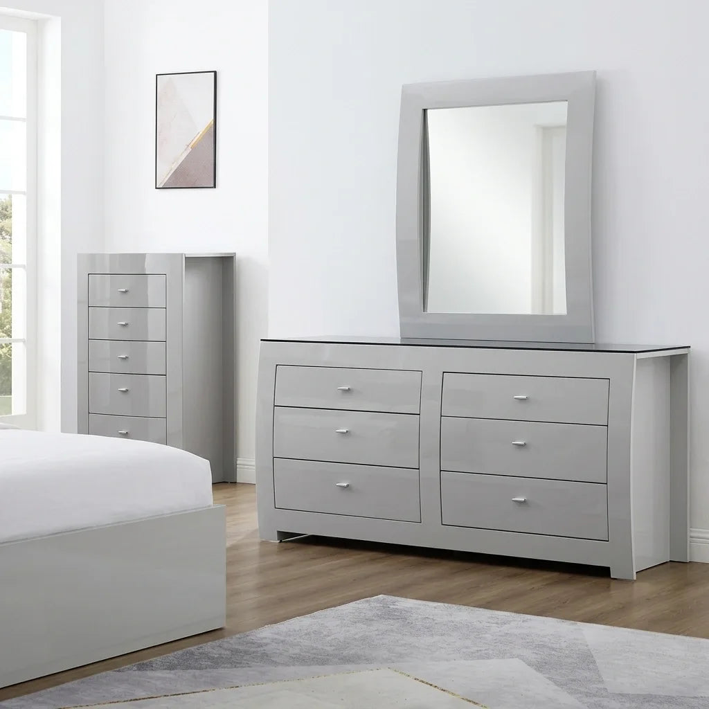 Modern high-gloss light grey 2-drawer nightstand with a dark glass top next to a platform bed frame.