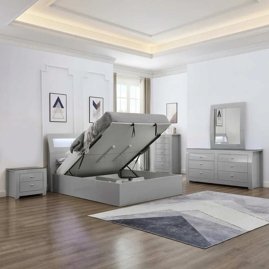 High gloss light grey modern bedroom set featuring an LED lit headboard bed, nightstand, 6-drawer dresser with mirror, and tall chest.