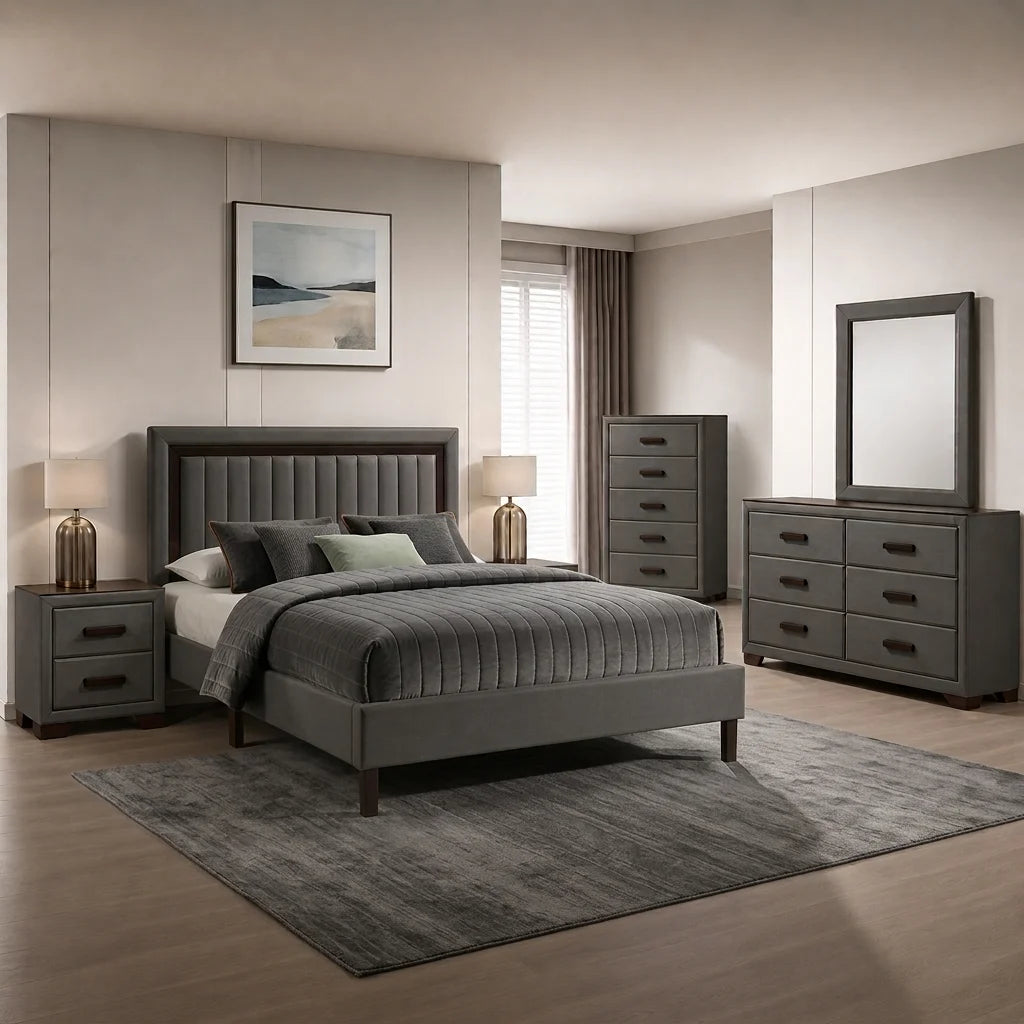 Complete modern grey upholstered bedroom set featuring a channel-tufted bed, matching nightstands, 5-drawer chest, and 6-drawer dresser with mirror.