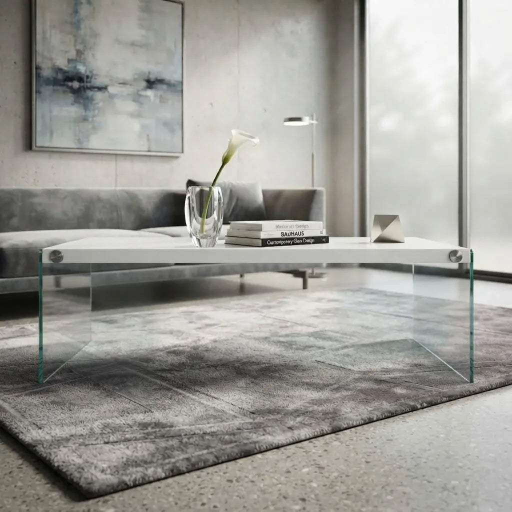 Contemporary coffee table in grey, white, and brown finishes featuring a stylish design for modern living spaces.
