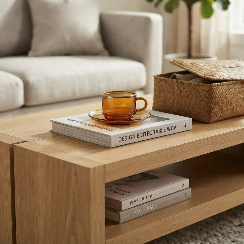 Modern natural oak coffee table with a spacious open bottom shelf, clean rectangular design, and warm wood-look finish for contemporary living rooms.