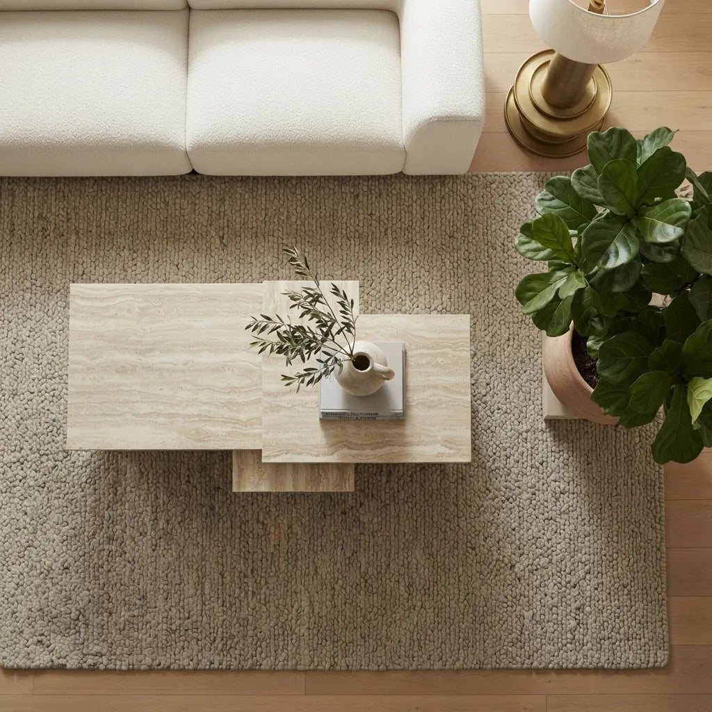 Modern two-tier travertine coffee table with a spacious tabletop and lower shelf for books, décor, trays, and everyday living room essentials.