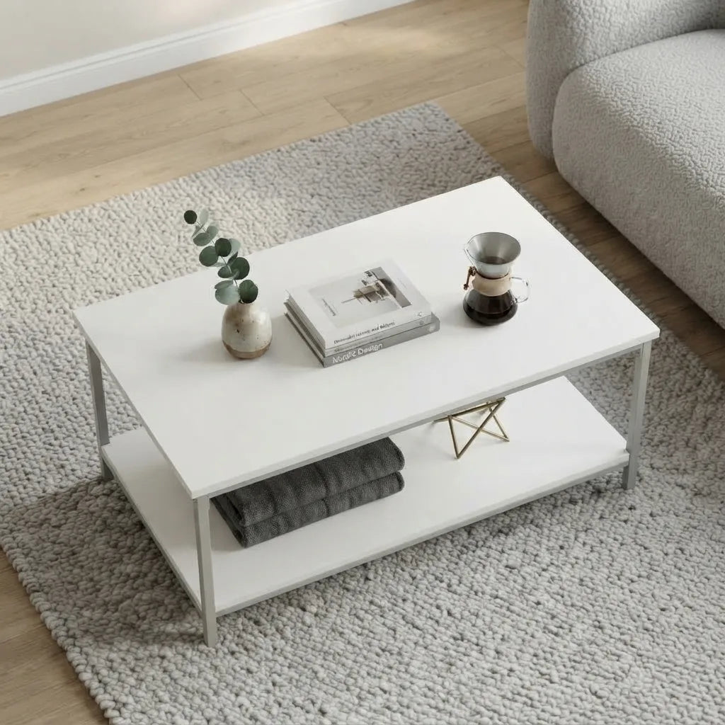 Modern white two-tier coffee table with clean lines and a silver metal frame, designed to provide functional display space while complementing contemporary living rooms.