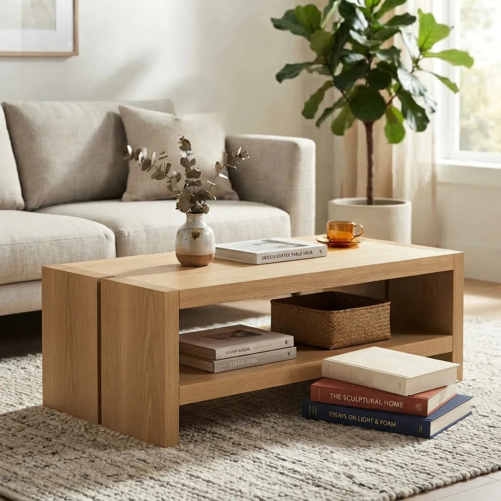 Natural oak laminate coffee table with a clean rectangular profile and modern style, designed to complement contemporary living room furniture and decor.
