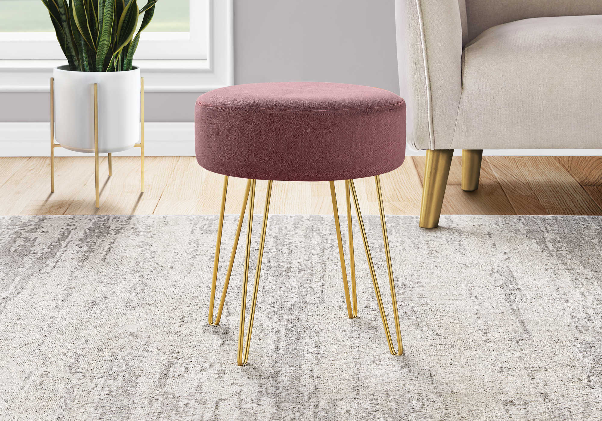 pink fabric ottoman gold hairpin legs