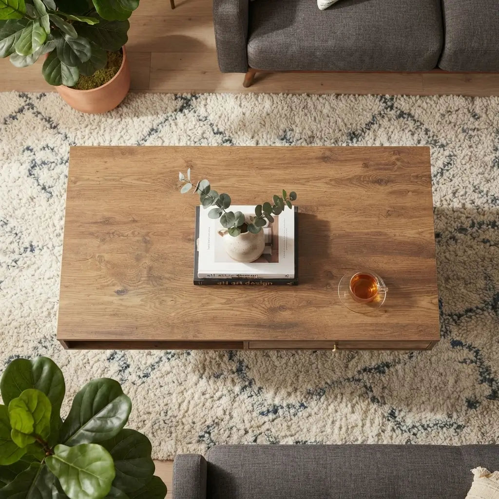 Modern walnut living room coffee table with a rectangular design, solid wood tapered legs, open shelf, and convenient storage drawer.