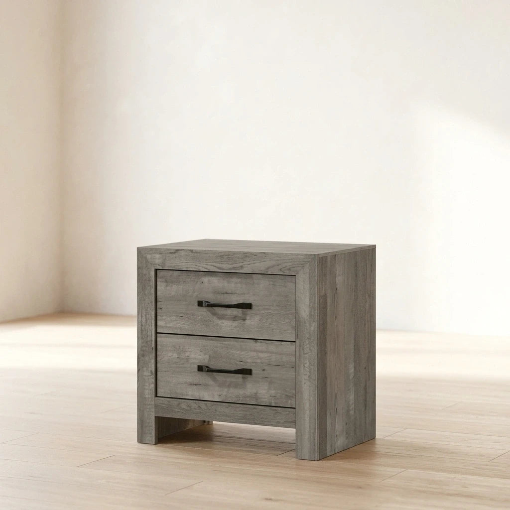 Modern rustic grey wood 2-drawer nightstand with dark metal drawer pulls on a light wood floor.