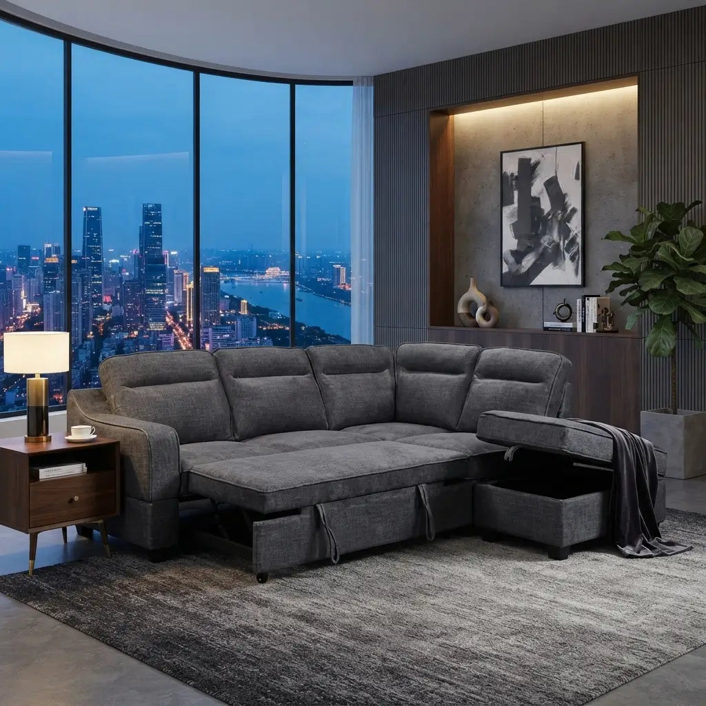 A modern L-shaped sectional sofa in textured gray fabric, shown in a contemporary living room with a large window overlooking a city skyline at dusk. The sofa features a chaise lounge on one end, a lift-up seat base revealing storage compartments, and a matching ottoman.
