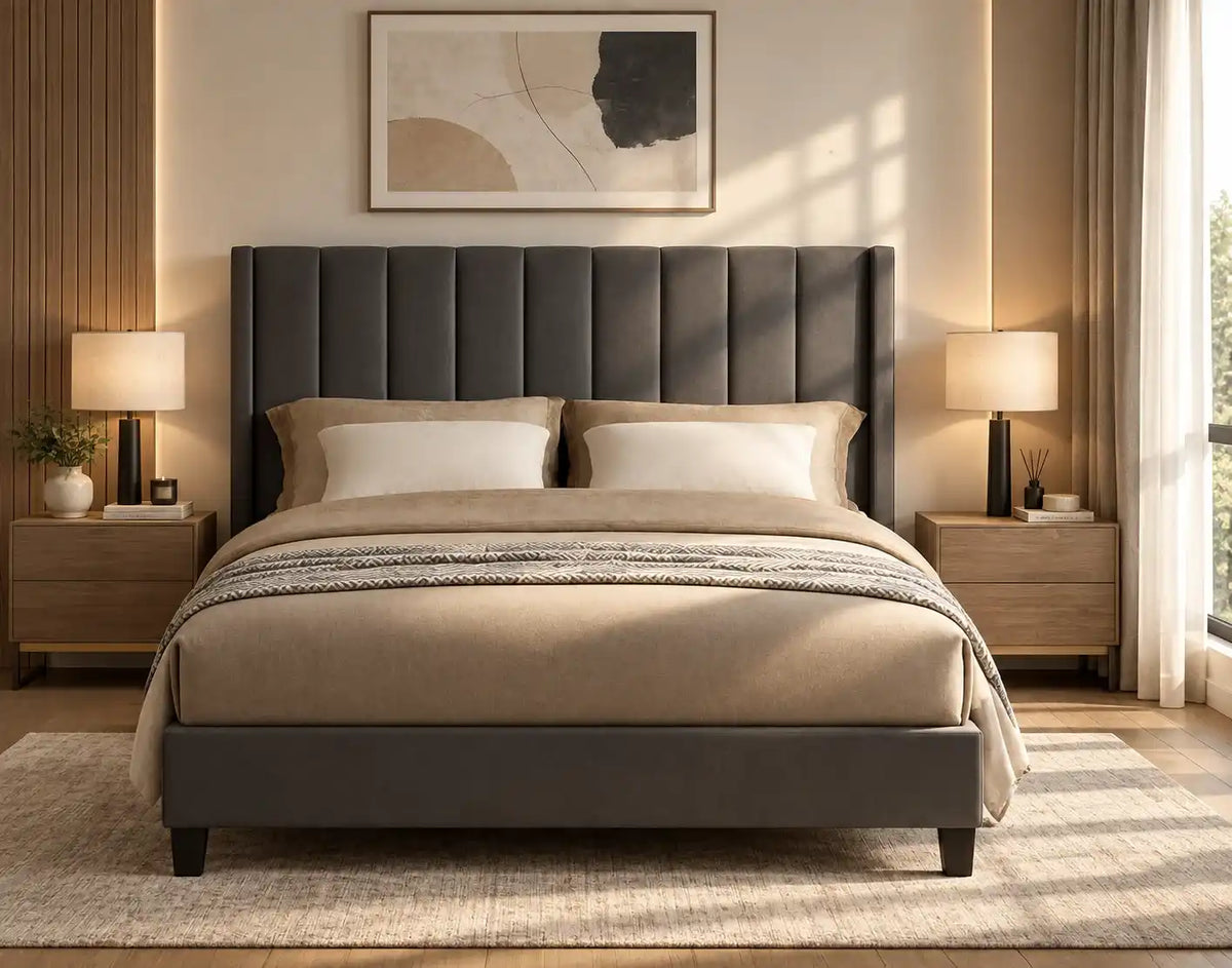 T2190 grey and white velvet panel bed.