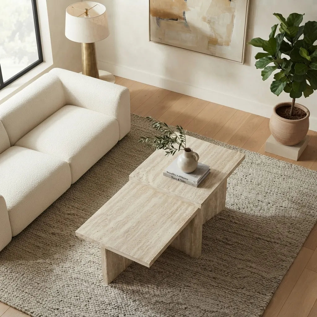 Travertine stone-look coffee table with a clean rectangular profile and generous lower shelf, adding contemporary style and practical storage to the living room.