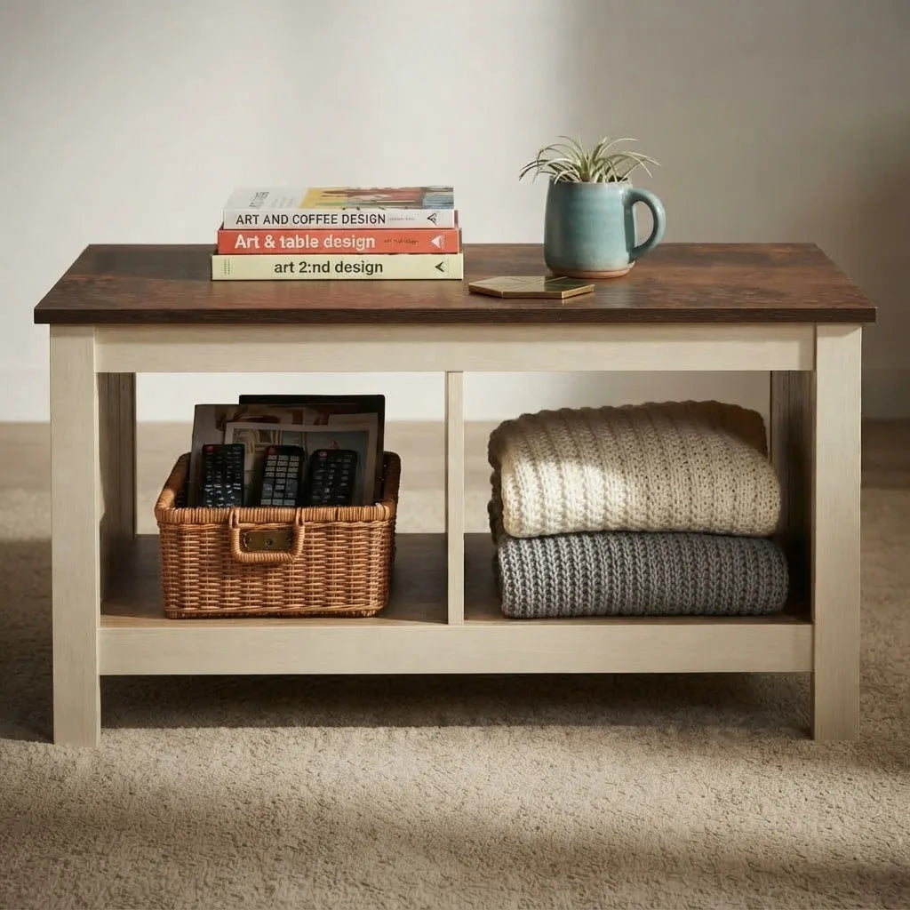 two-tone oak coffee table with a beige oak laminate base and dark brown oak top, featuring a contemporary rectangular design for modern living rooms.
