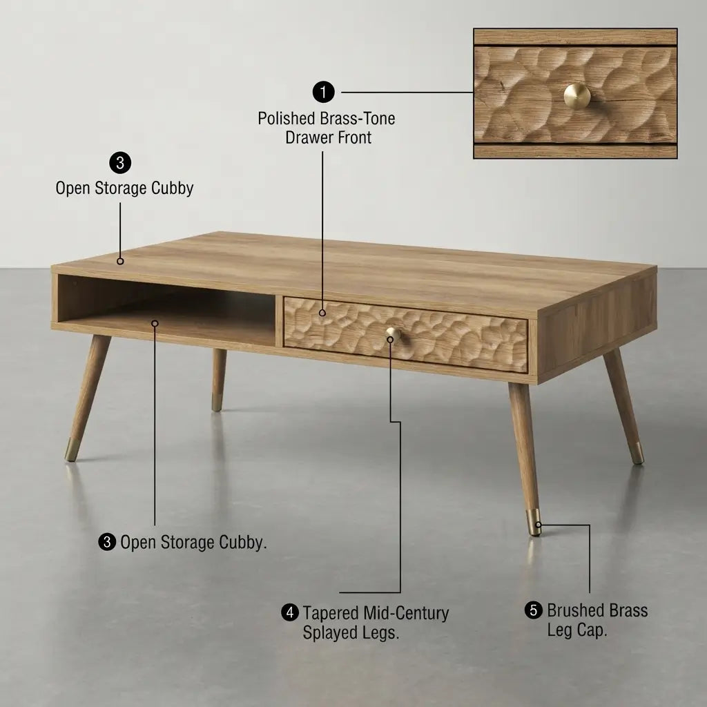 Walnut mid-century modern coffee table with rippled drawer front, gold accents, and open shelf