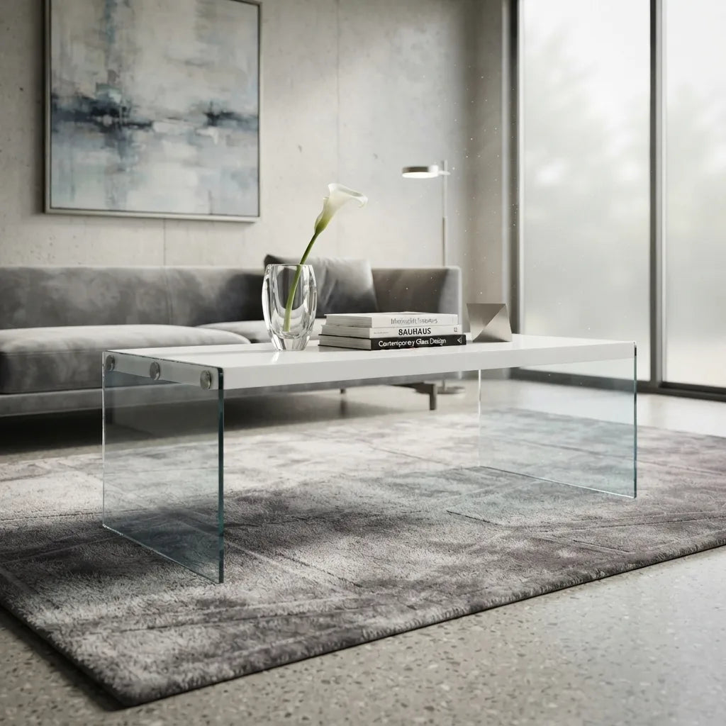 white contemporary coffee table styled in a modern living room with a sleek and sophisticated look.