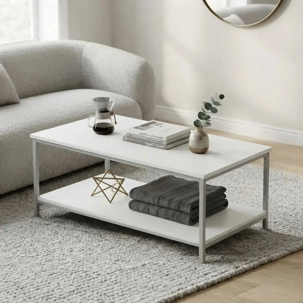 A modern two-tier white coffee table with a slim silver metal frame, styled in a bright living room with a gray sofa, textured rug, and decorative items.