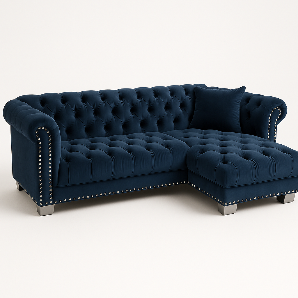 Royal Blue Tufted Velvet Sectional Sofa with Studded Accents
