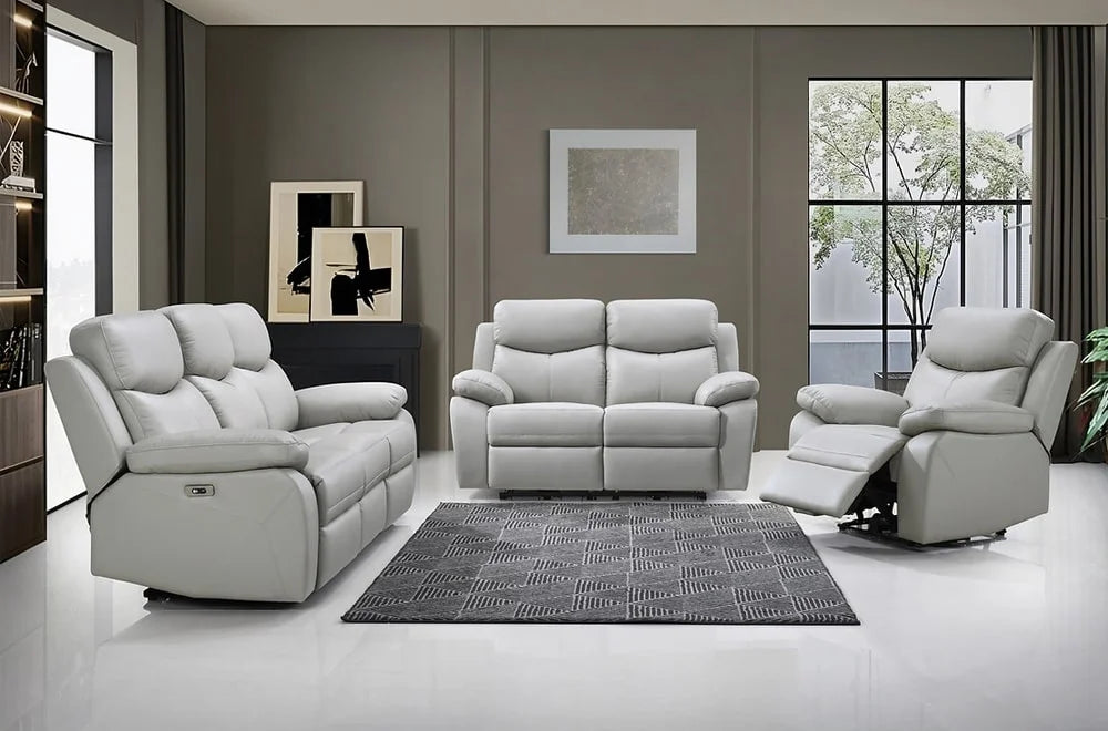 Ensemble de canapés inclinables électriques en cuir gris clair assorti
