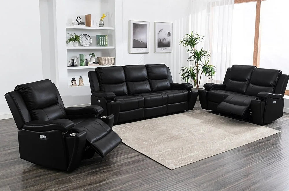 Ensemble de canapés inclinables électriques en cuir noir avec gel