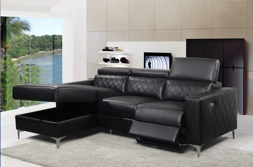 Canapé sectionnel inclinable électrique en cuir noir avec gel orienté vers la gauche