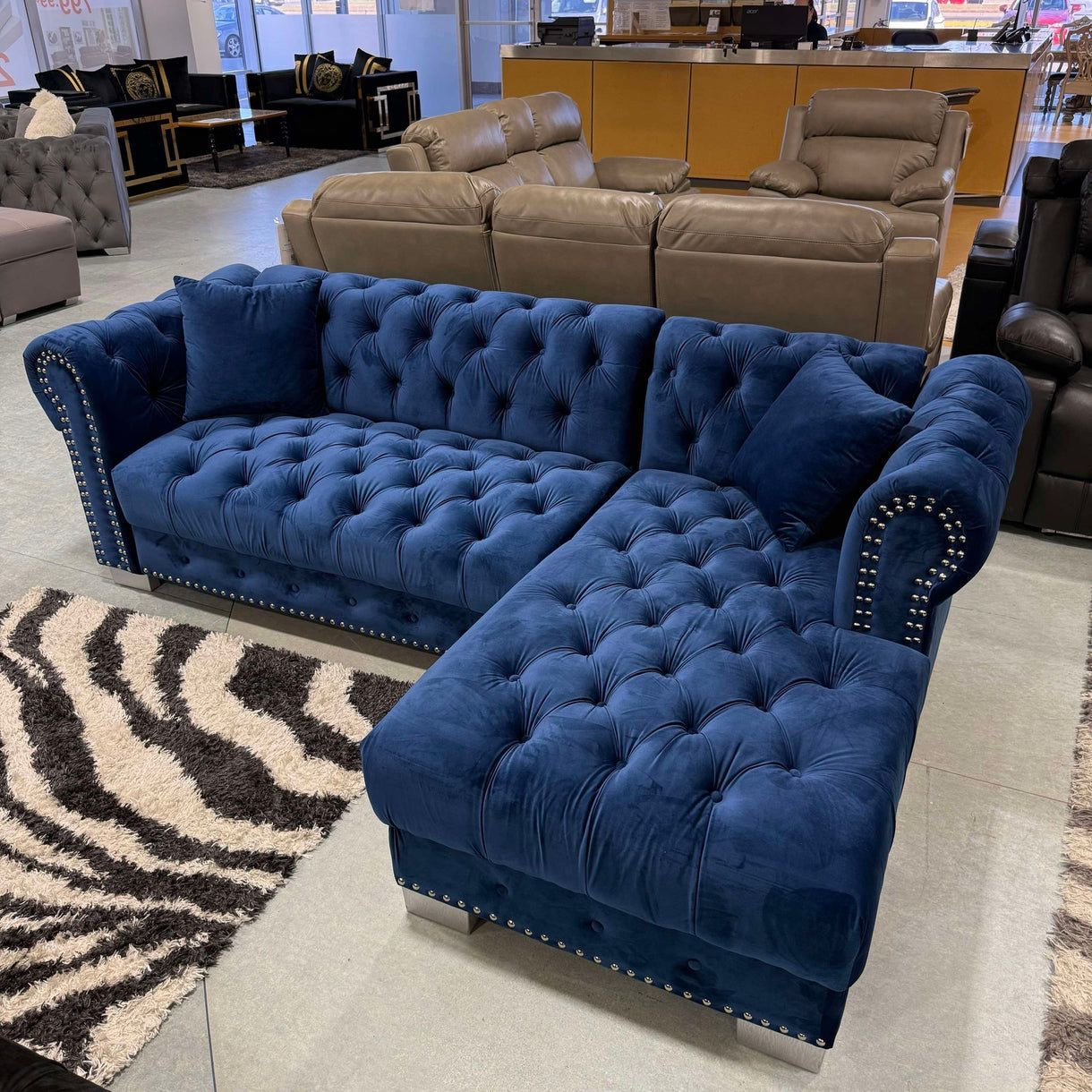 Royal Blue Tufted Velvet Sectional Sofa with Studded Accents