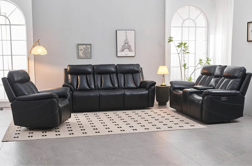 Black Leather Air Power Reclining Sofa Set"