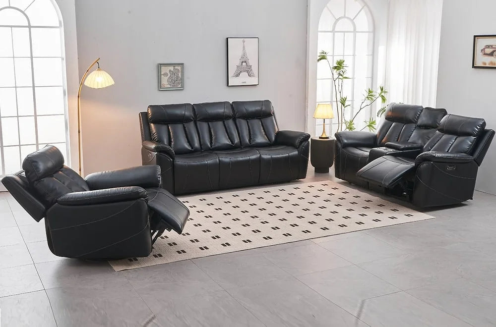 Black Leather Air Power Reclining Sofa Set"
