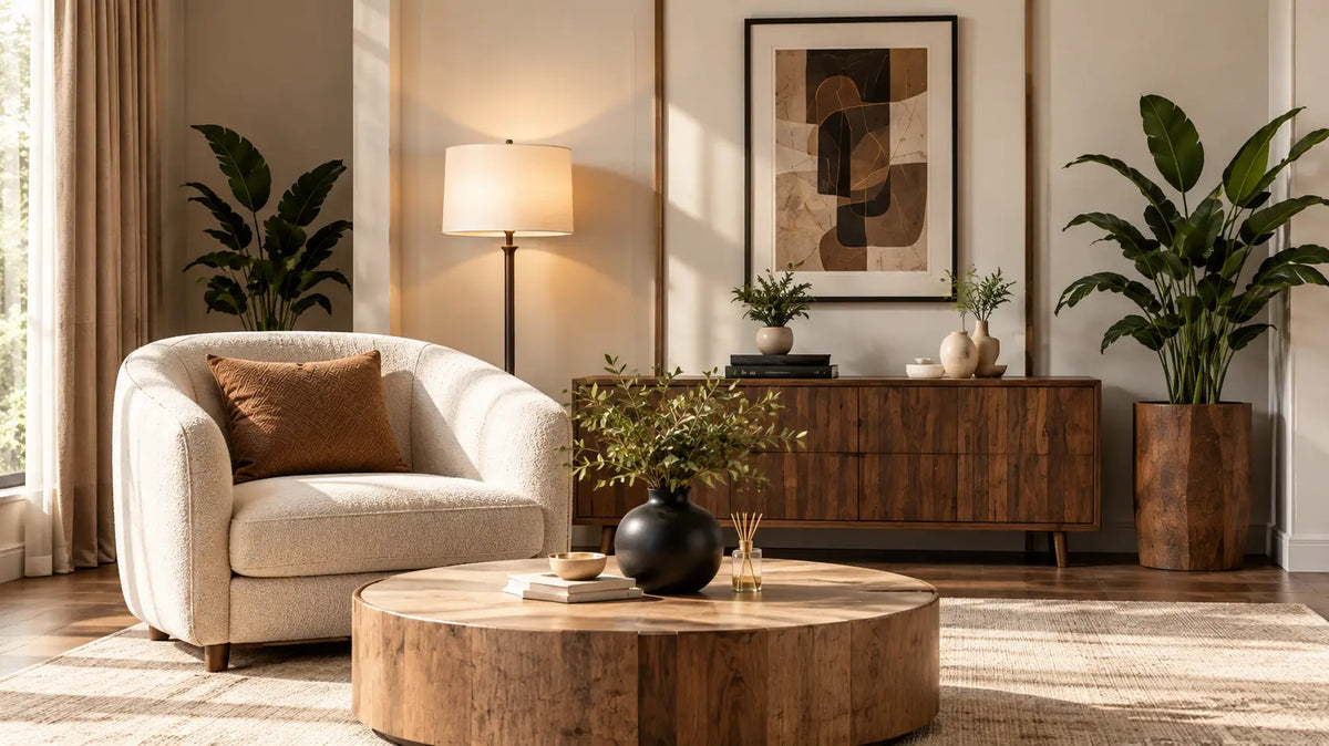 Elegant modern living room with a cream sofa and warm wood furniture