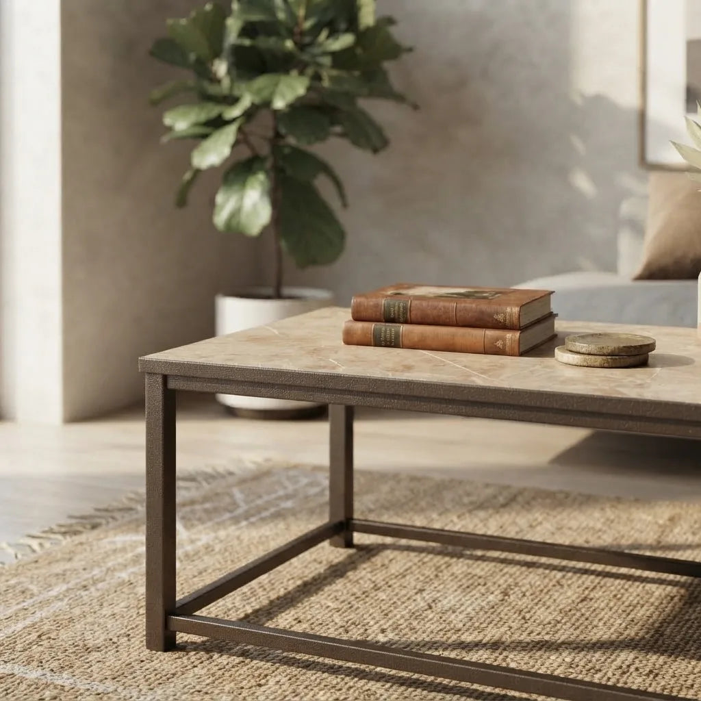 Grey mosaic tile coffee table with a durable metal base, rectangular profile, and versatile design for modern living spaces