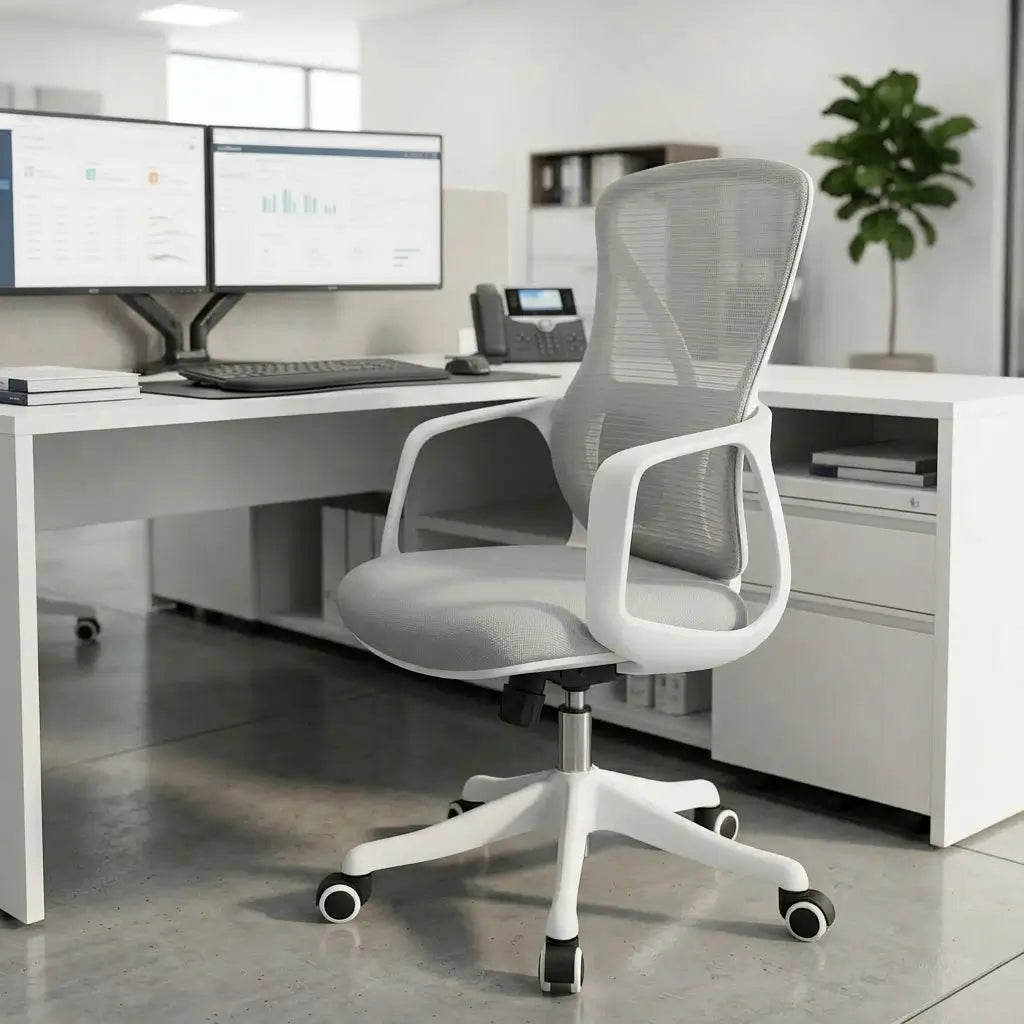 C-7441 ergonomic grey mesh office chair with contoured back, padded seat, loop armrests and 5-star swivel base.
