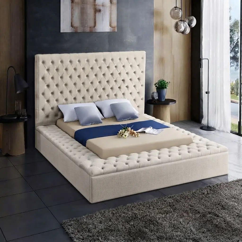 Beige velvet button tufted storage platform bed in modern luxury bedroom