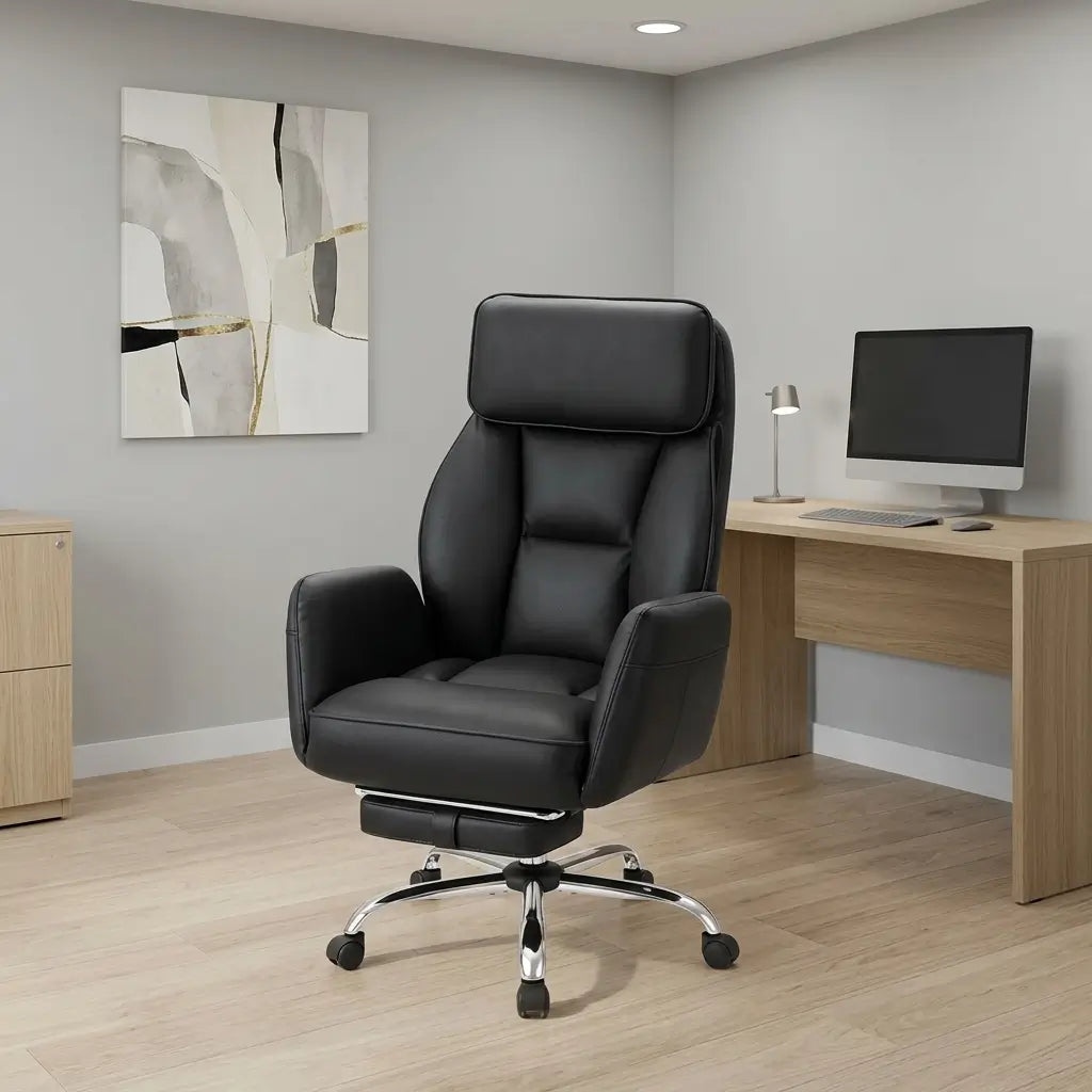 I-7275 black and grey leather-look high back office chair front view with plush foam cushioning and supportive armrests