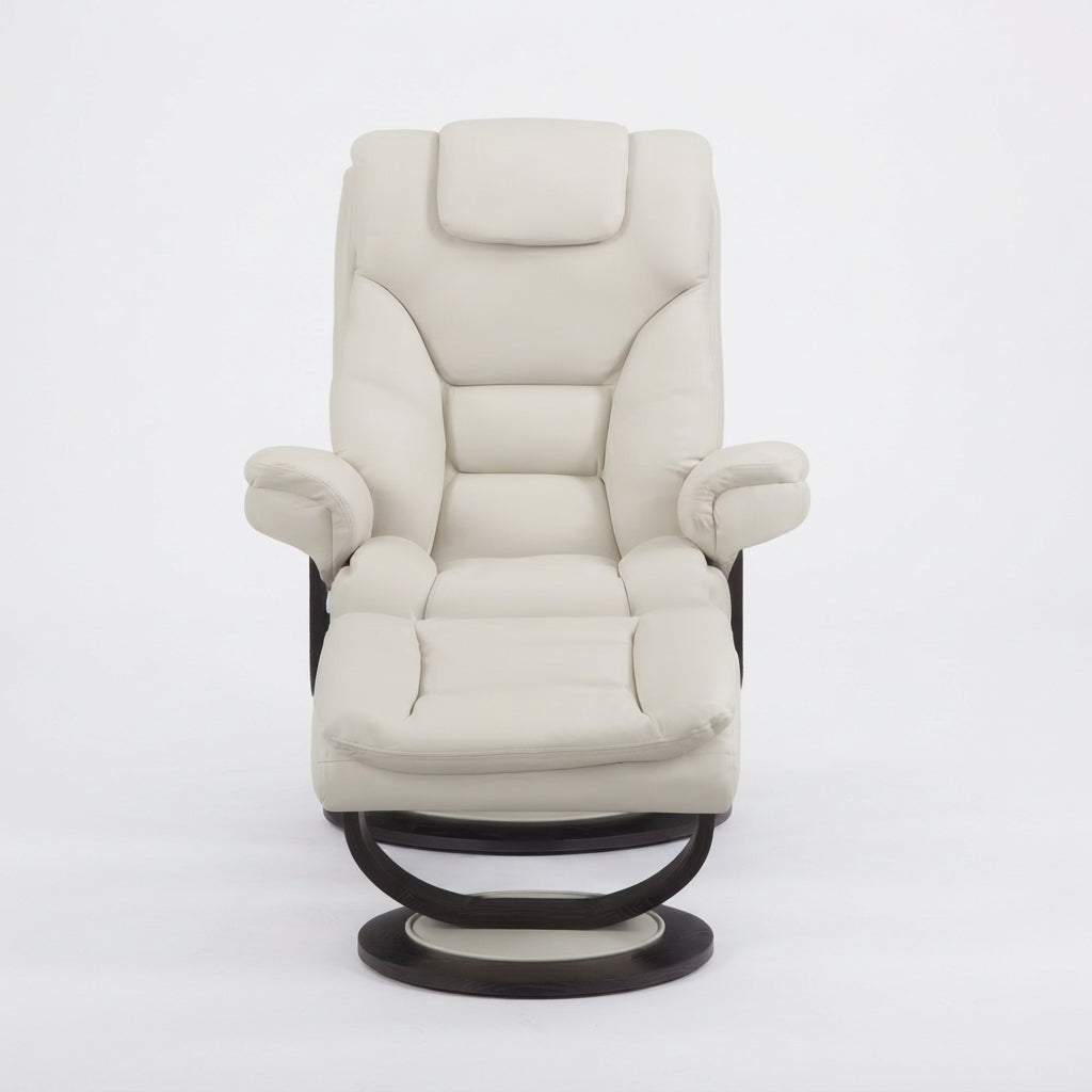Front view of IF-6202-M modern cream leather recliner with matching ottoman and dark wood swivel base.