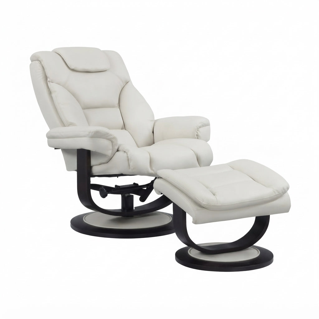 hree-quarter angle view of cream faux leather swivel recliner chair with matching footrest ottoman.