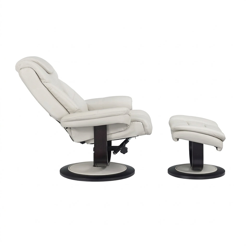 Side profile view of cream padded leather recliner chair and matching ottoman in 1:1 square ratio.