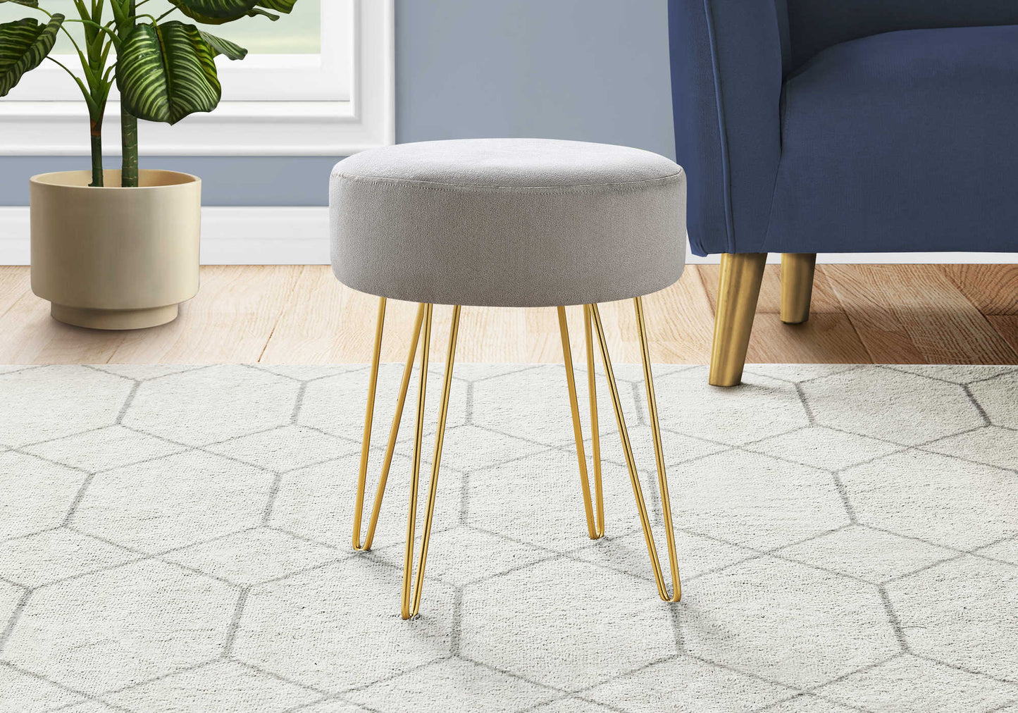 OTTOMAN - BLUE FABRIC / GOLD METAL LEGS
