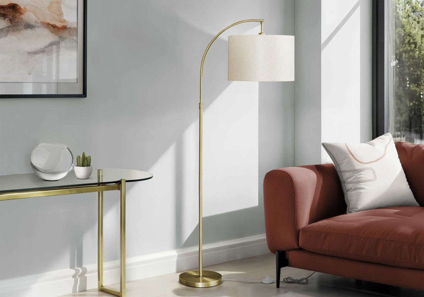 LIGHTING - 65"H ARC FLOOR LAMP BRASS METAL / IVORY