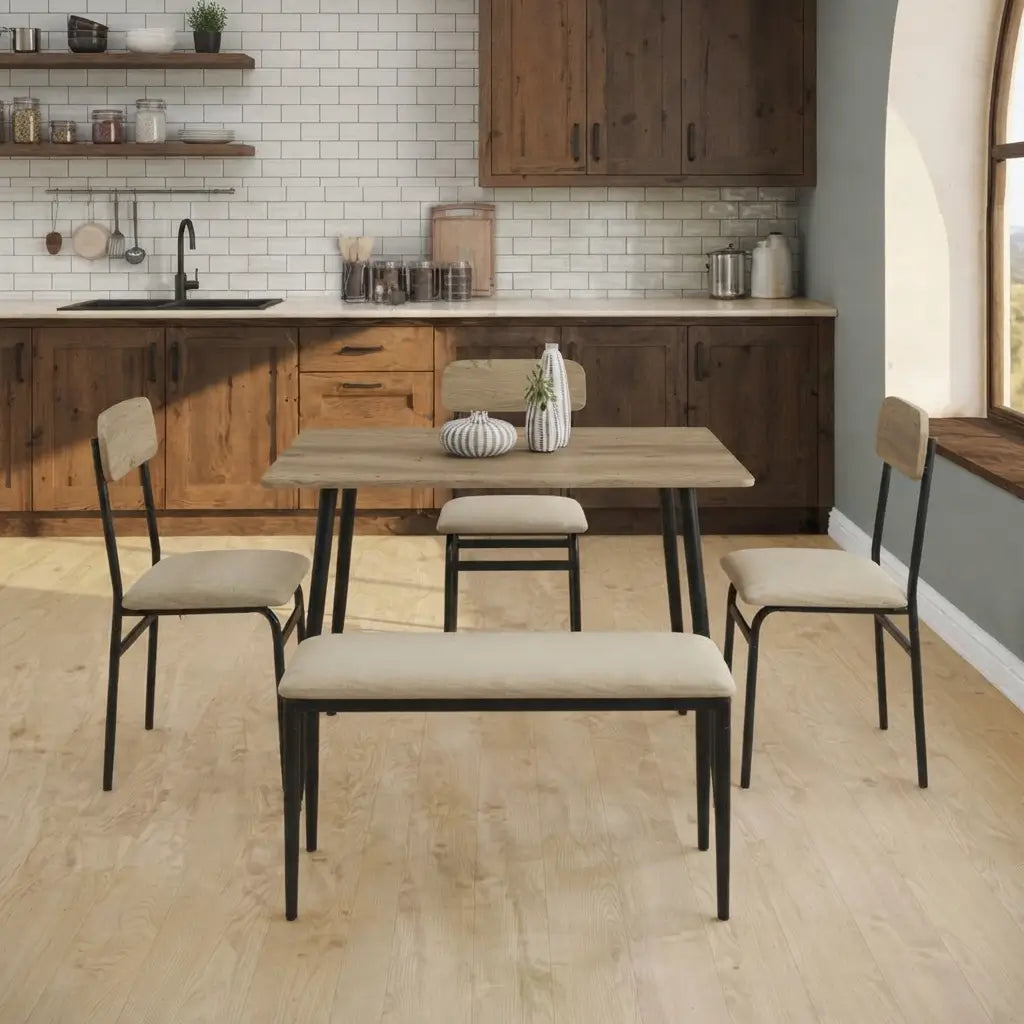 Contemporary 5-piece oak dining set with a 40-inch rectangular table and four beige upholstered chairs. The dining furniture combines a warm oak finish with sleek black metal details for a modern rustic look, making it suitable for family dining areas, apartments, kitchens, breakfast spaces, and compact contemporary homes.