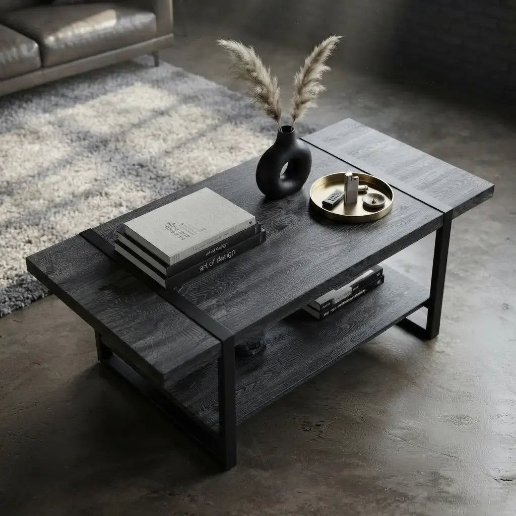 Rustic industrial coffee table with brown reclaimed wood styling, black metal frame, rectangular design, and convenient two-tier storage.