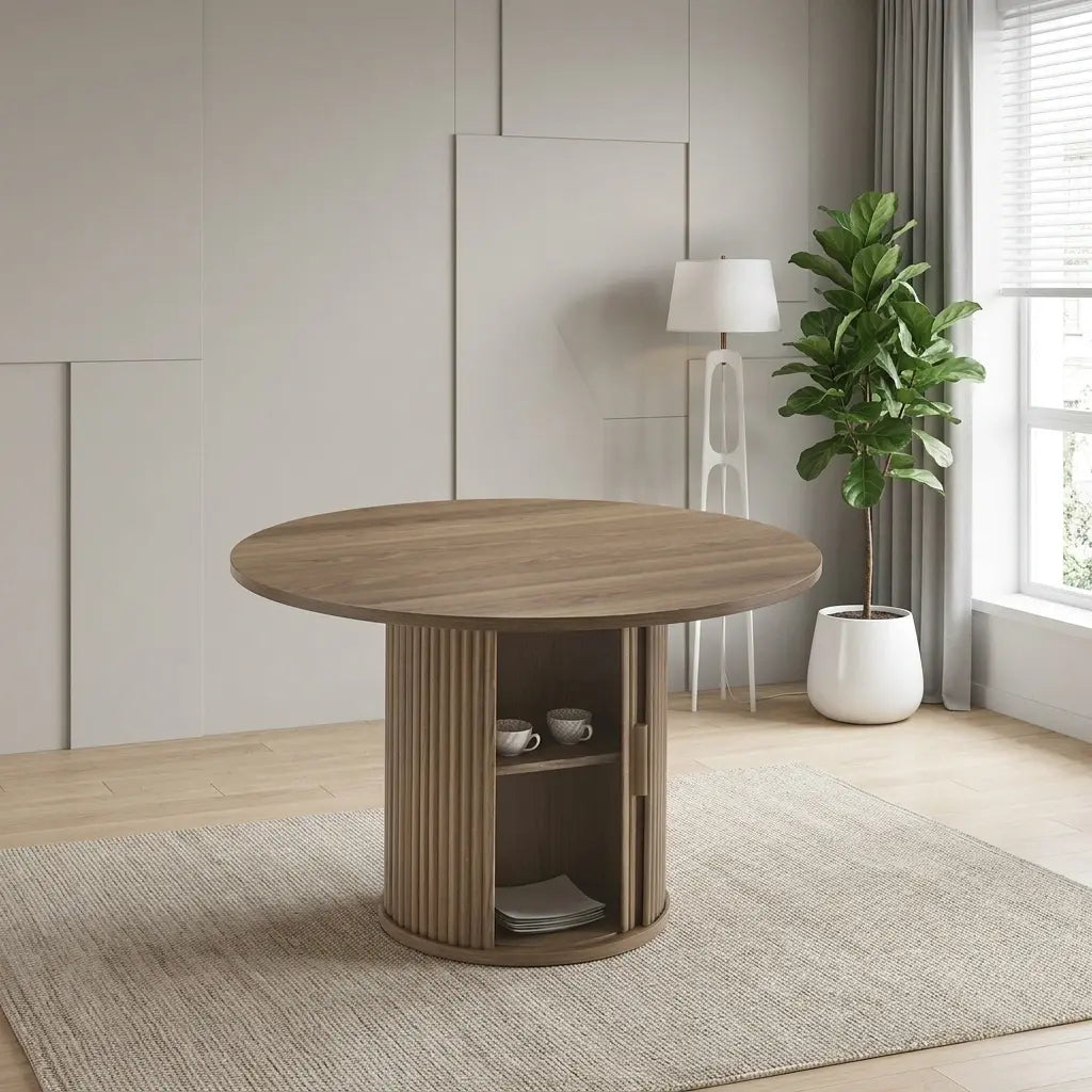 T-1408 dining table featuring a fluted pedestal with hidden storage