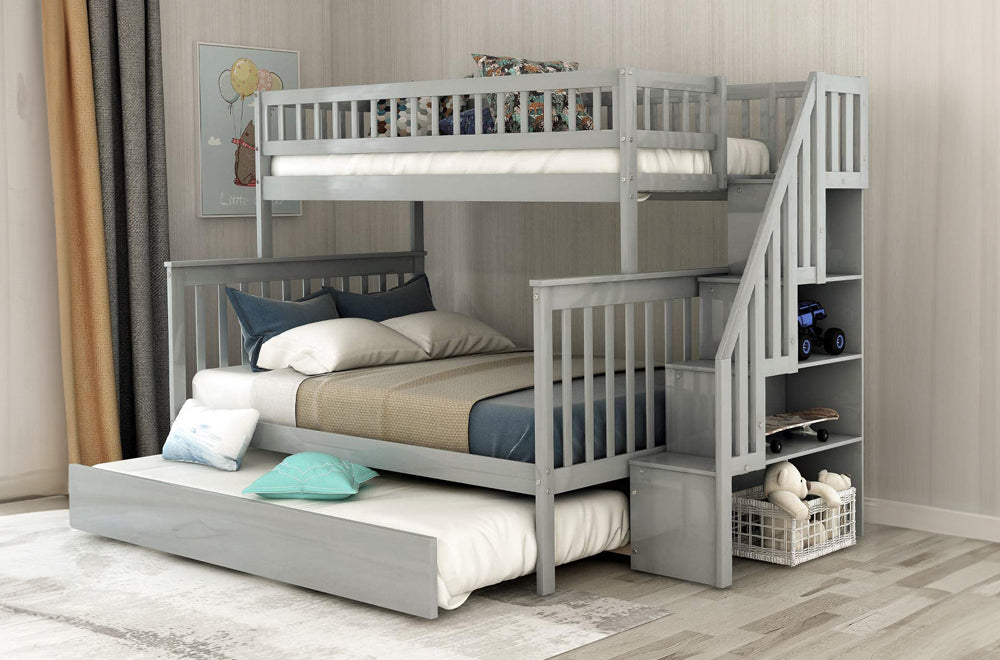 Triple Bunk Bed with Trundle and Storage Stairs – Twin Over Full with Pull-Out Bed