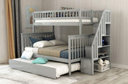 Triple Bunk Bed with Trundle and Storage Stairs – Twin Over Full with Pull-Out Bed