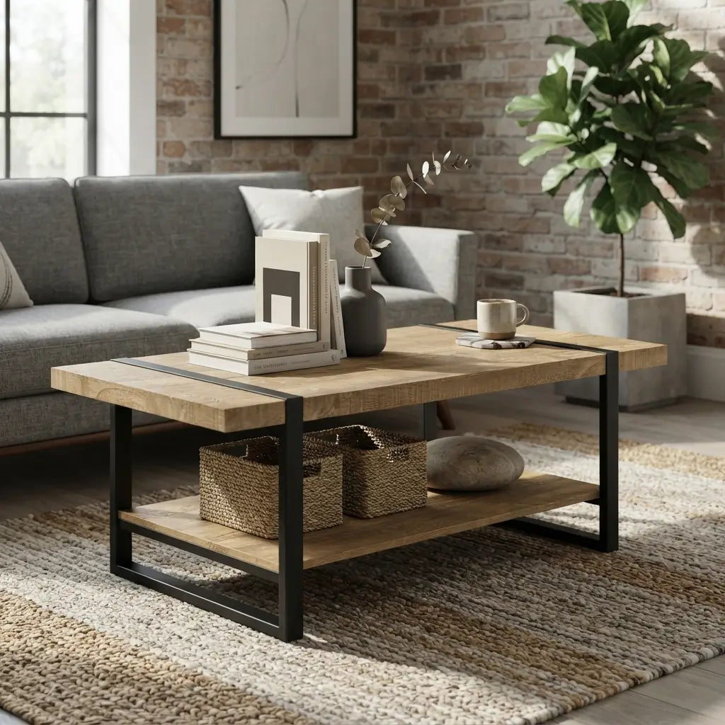 Two-tier industrial farmhouse coffee table with a brown wood-look finish, black metal legs, and spacious lower shelf for everyday storage.
