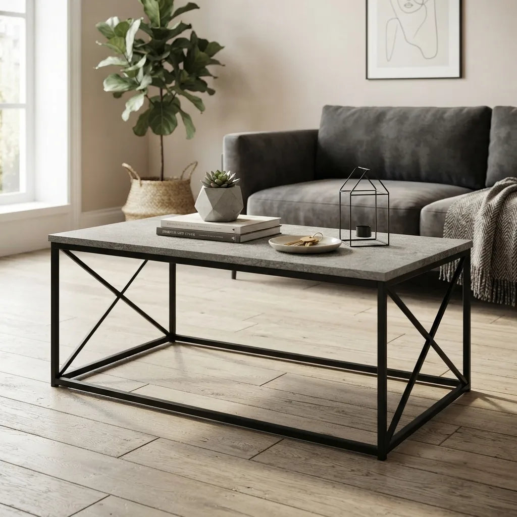 dark taupe wood-look coffee table with black metal X-shaped legs for a modern living room